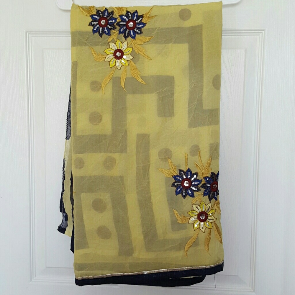 Yellow & Navy Embroidered Saree | Floral & Geometric Design | Elegant Ethnic